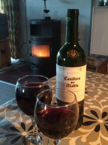 Gemütlich ein Glas Wein vor dem brennenden Kamin