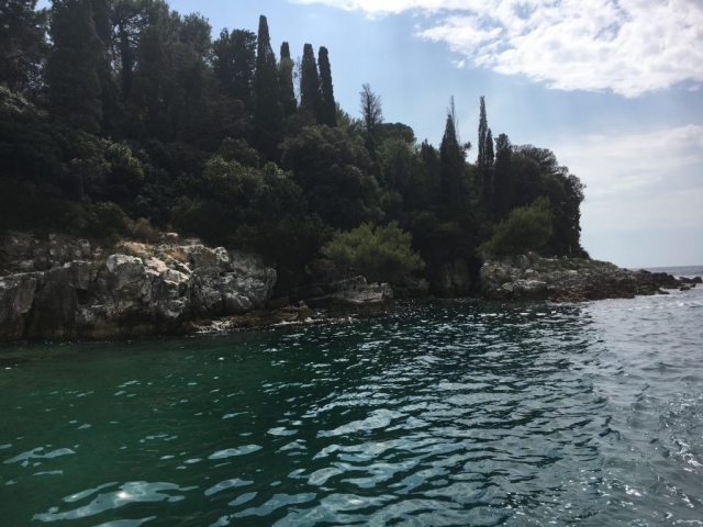 Steinstrand einer Insel mit viel Wald